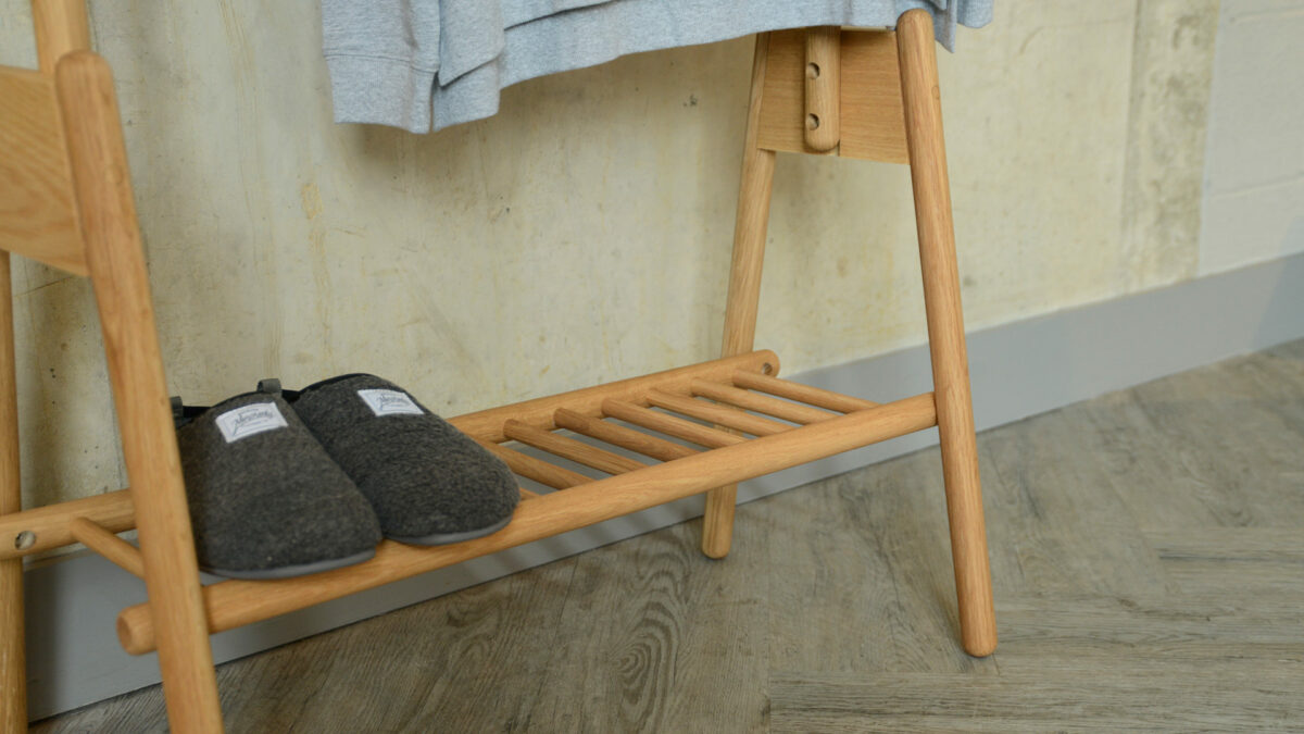Wireworks Oak Rail Storage Rack Detail with Slippers