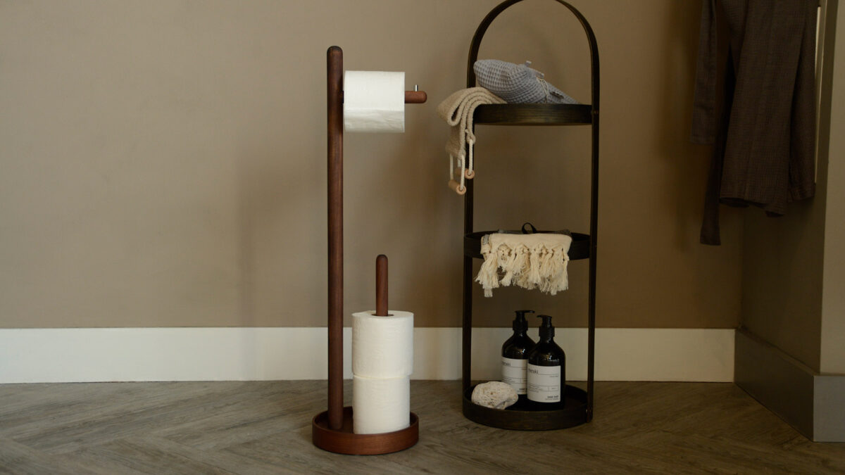 walnut wood freestanding loo roll dispenser and holder