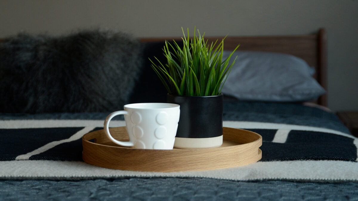 Wireworks oak tray small with plant and white cup