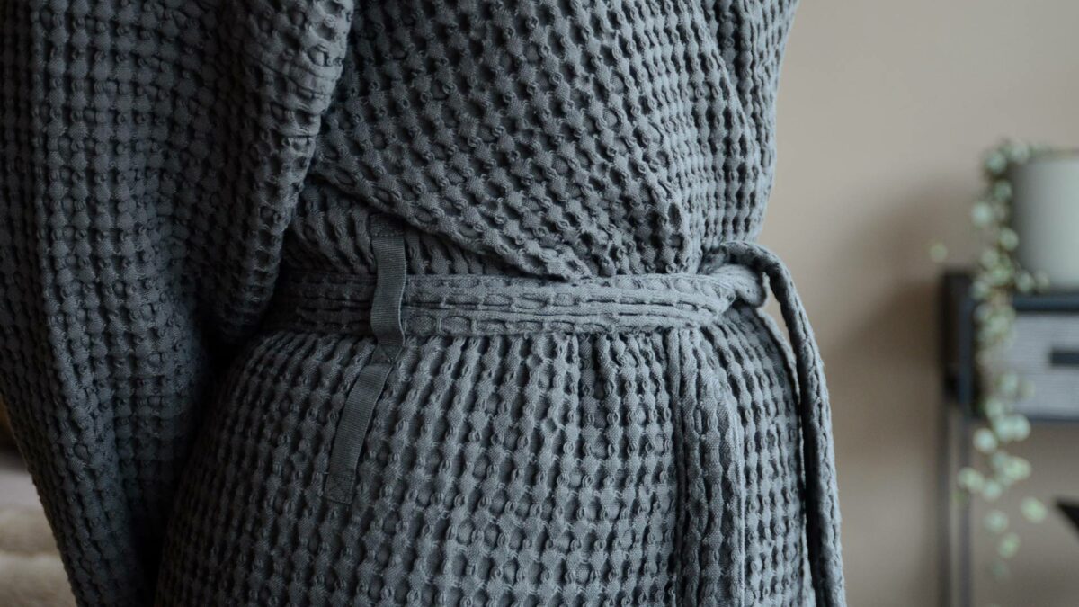 unisex waffle weave cotton robe in charcoal grey