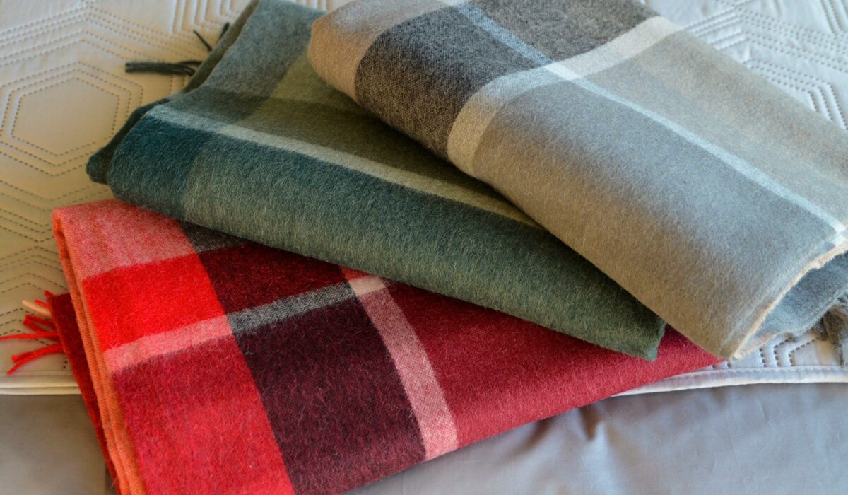 Recycled Alpaca Wool Rich Throws - L to R: Red, Mocha, Green