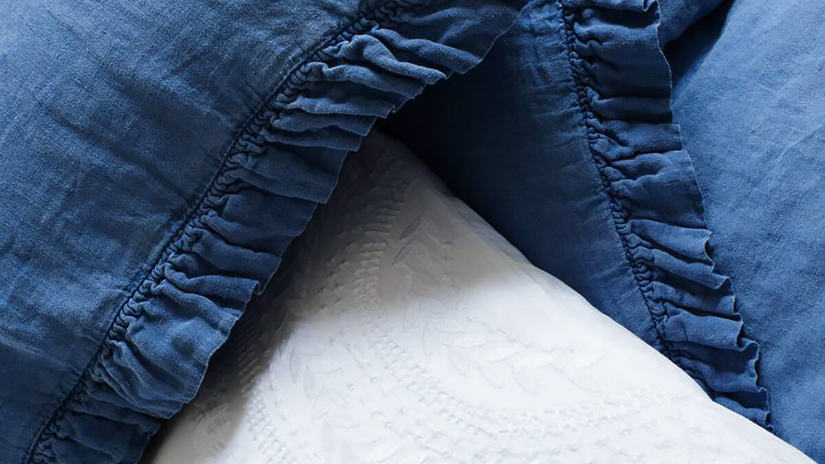 also home isobel blue linen bedding close up