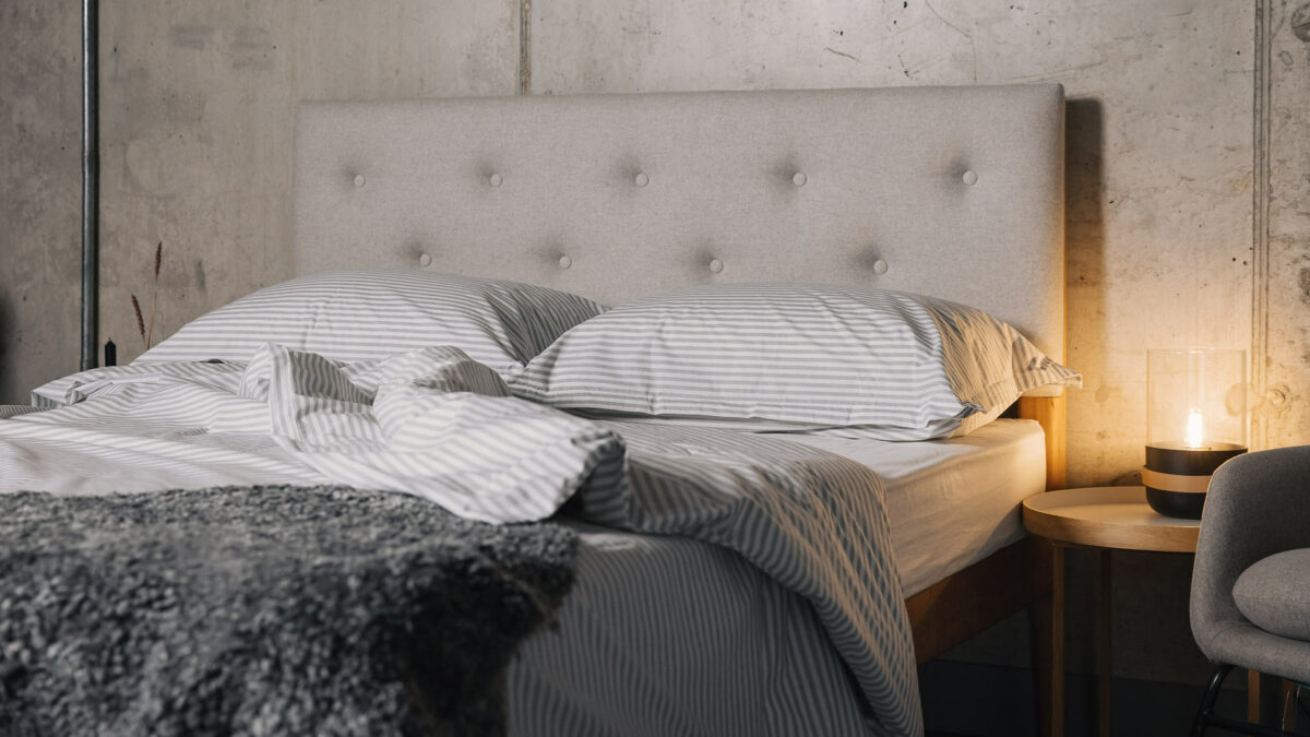 grey striped duvet cover set shown on a kingsize Bloomsbury bed