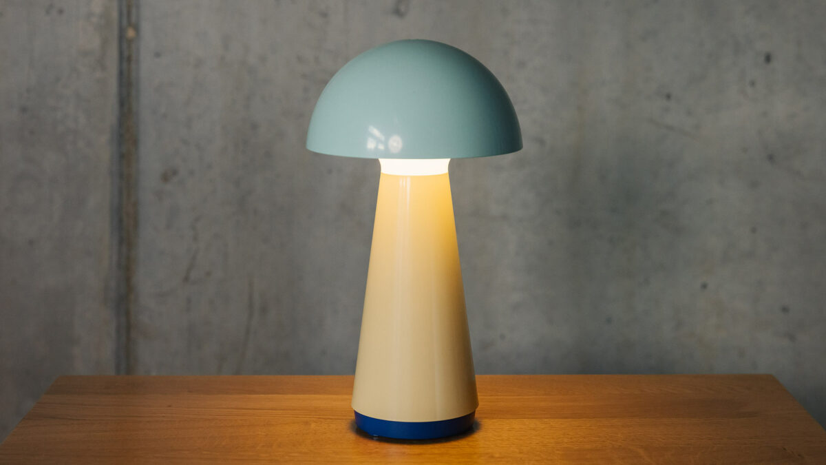 mushroom shape rechargeable lamp with a mint green shade and cream base