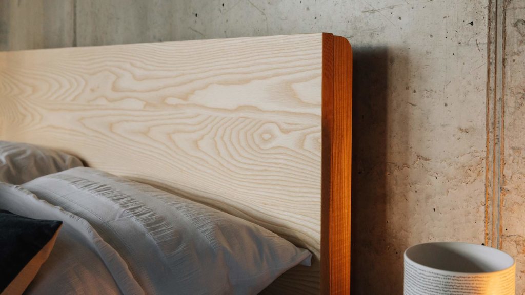 A closer view of the Bamford wooden bed headboard made from solid Ash