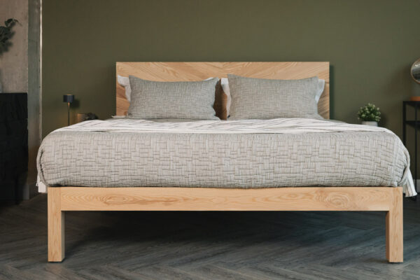 Solid Ash wood Hathersage bed with chevron pattern headboard here in Superking size