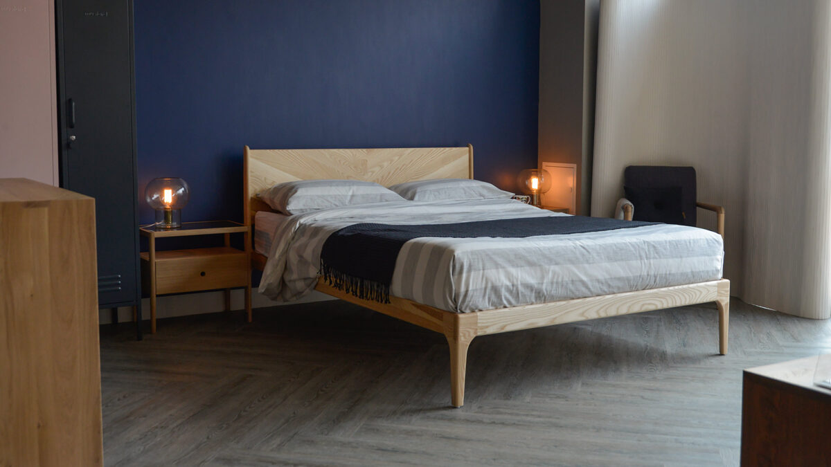 Mid-century style updated - the Hoxton bed with Herringbone headboard made in solid Ash.