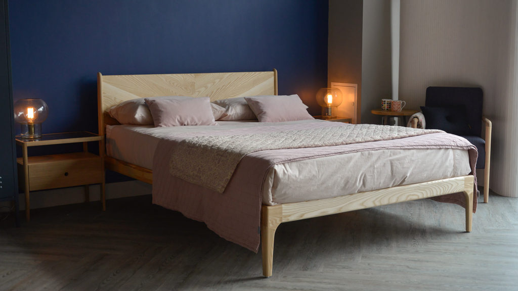 Hand made wooden Hoxton Bed a mid-century style bed shown here in Ash and Kingsize.