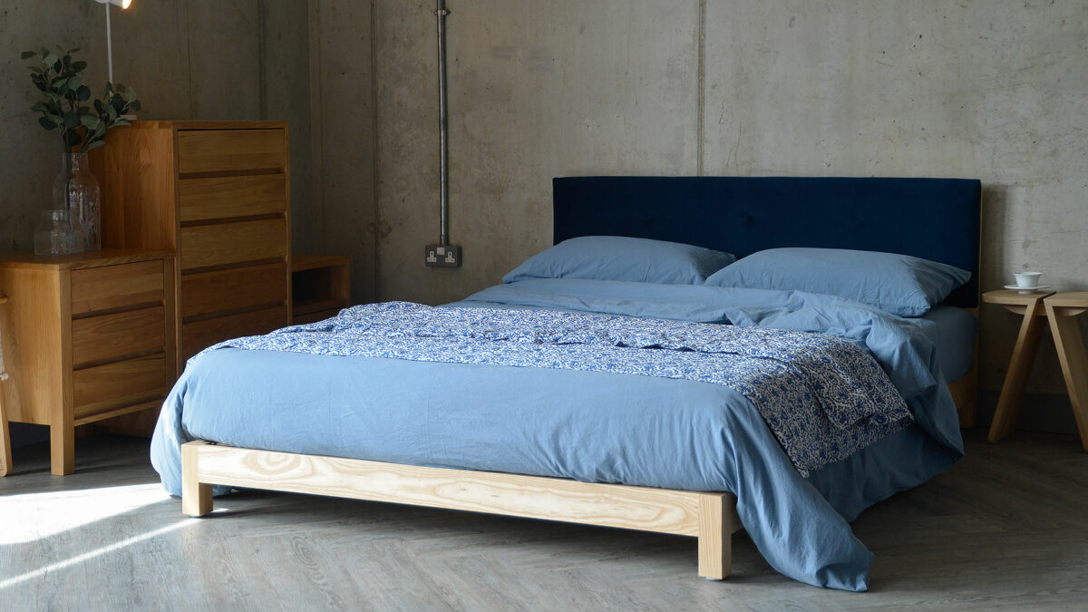 ash iona bed with mdnight blue eco velvet headboard