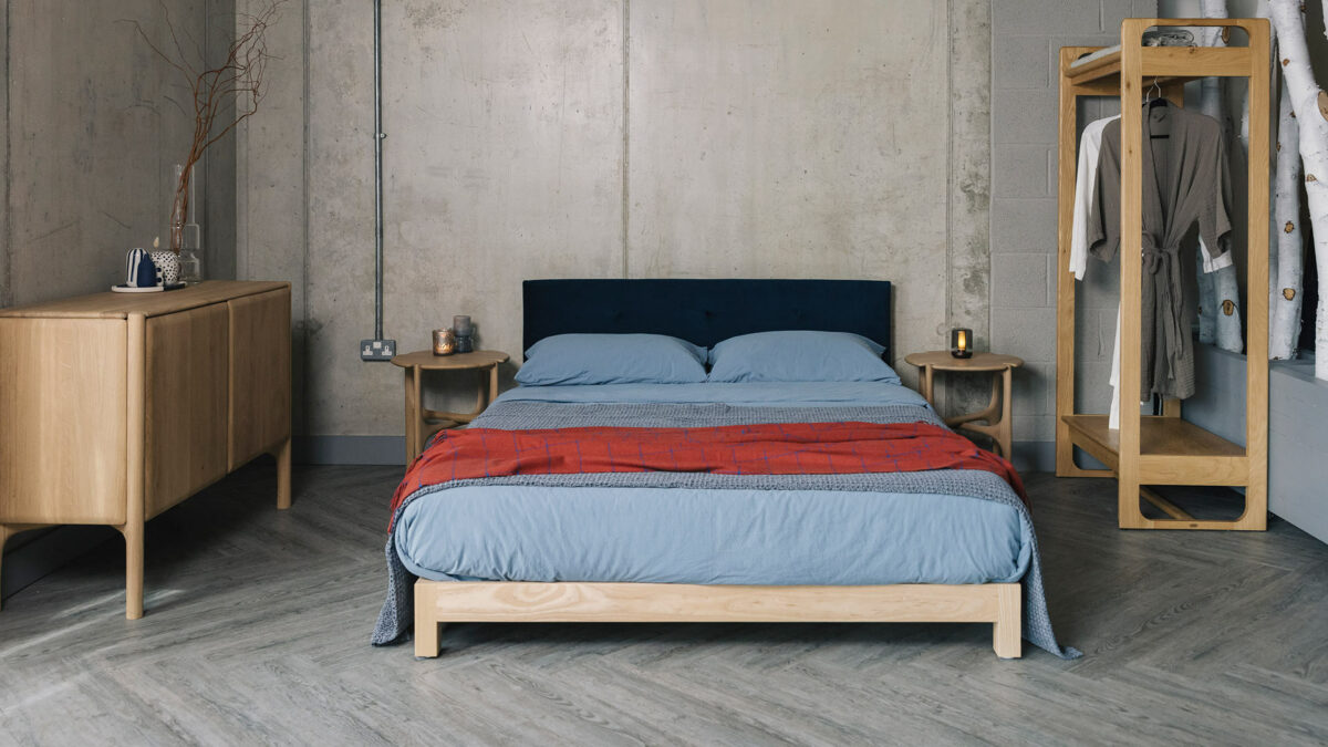 ash iona with blue stonewash bedding and red cashmere throw