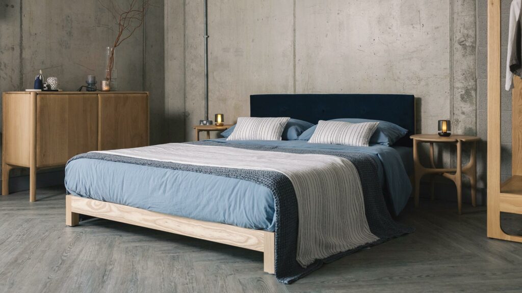 ash iona with eco velvet headbaord and oak Pi furniture
