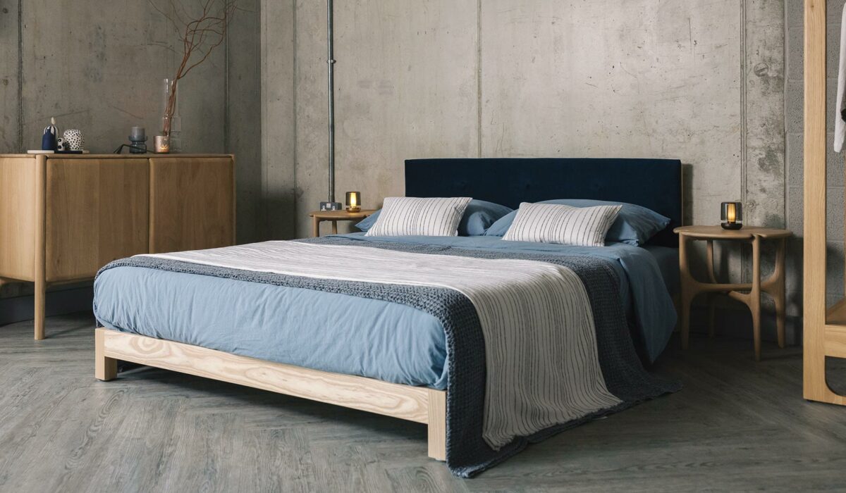 ash iona with eco velvet headbaord and oak Pi furniture
