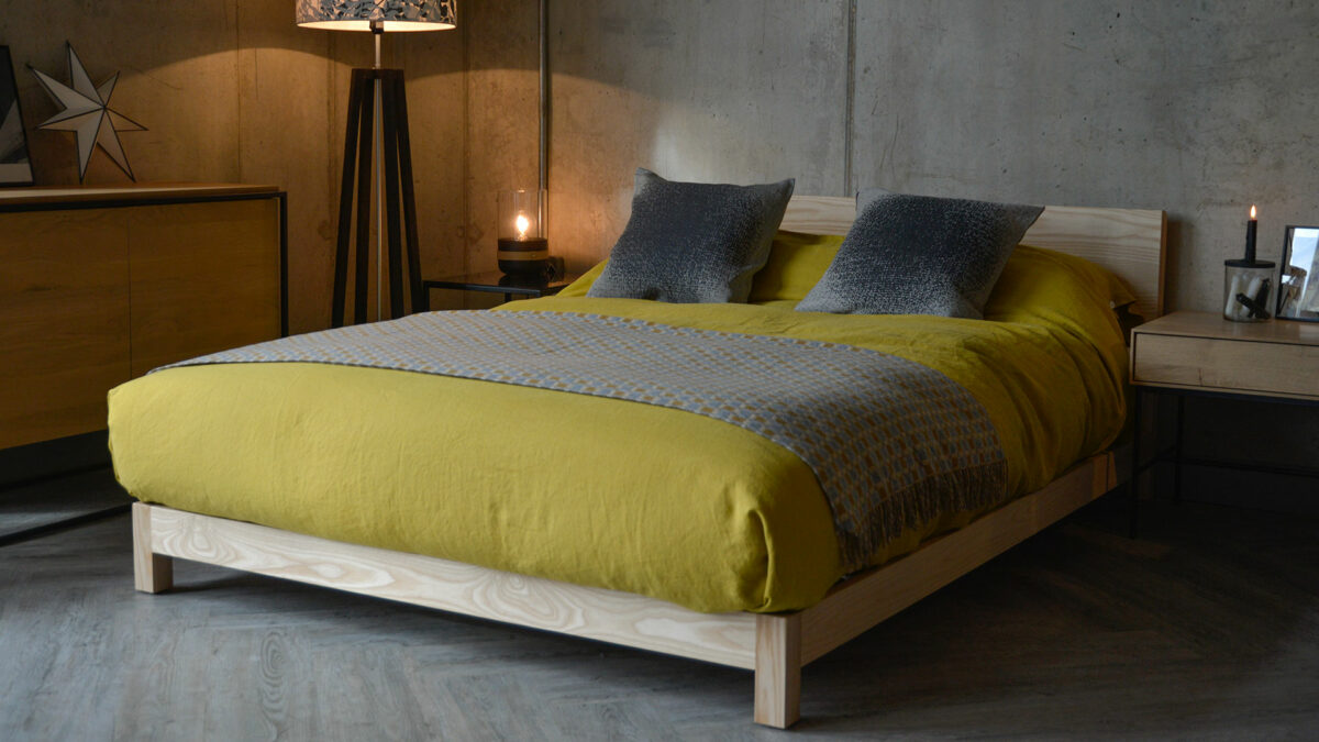 Sonora a contemporary chunky low wooden hand crafted bed, here in Ash