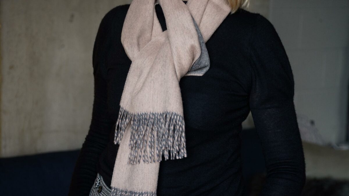 softest alpaca wool scarf in blush and grey