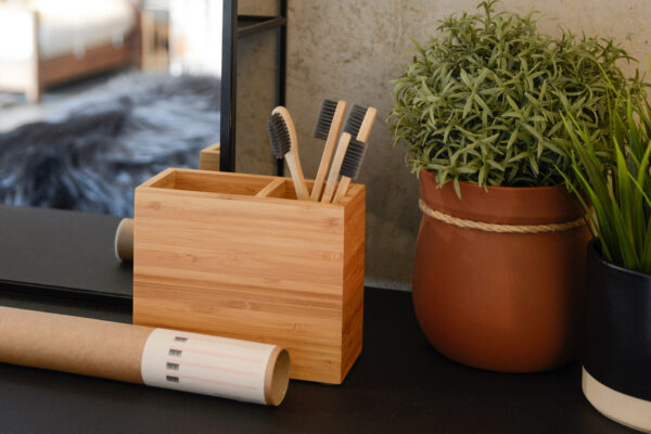 bamboo bathroom storage and bamboo toothbrushes