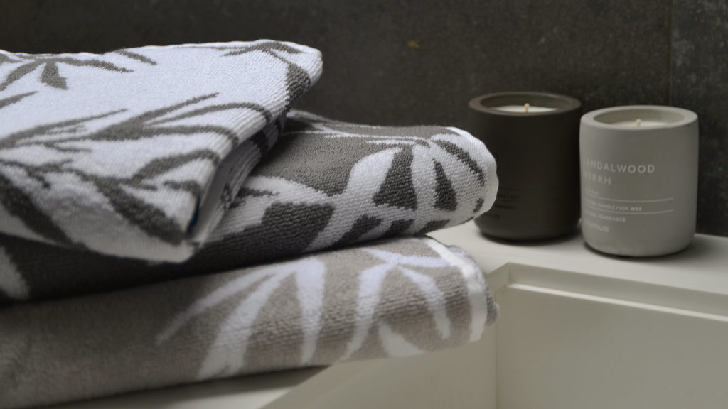 bamboo print towels in granite or warm silver grey