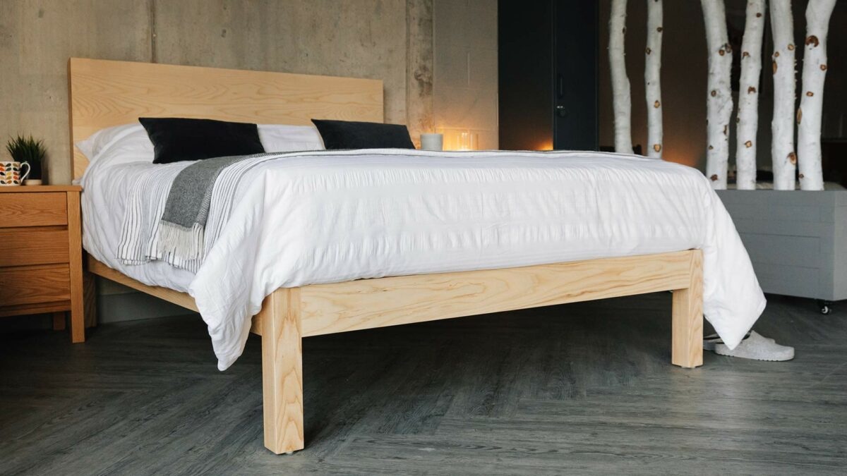 Tall Bamford bed, a chunky hand made solid wood bed in Ash