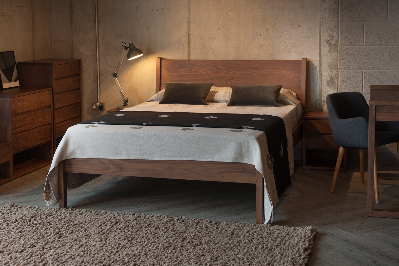 Walnut Zanskar classic bed hand made in uk in a range of bedsizes and a choice of woods.