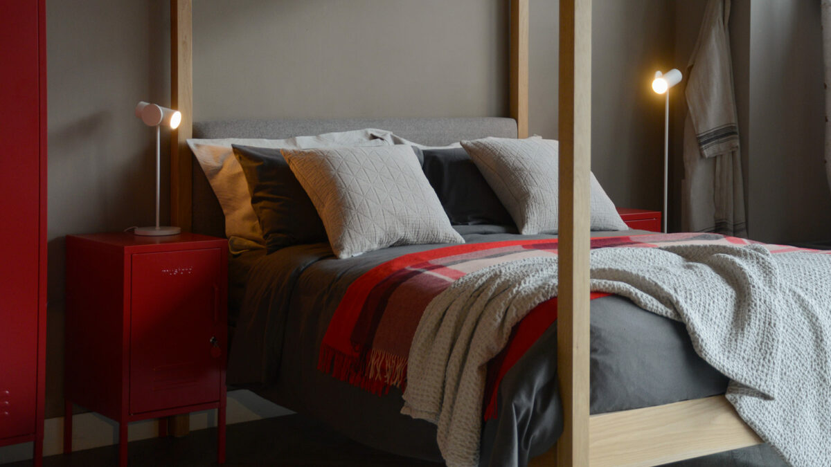 bedside metal locker in lipstick red