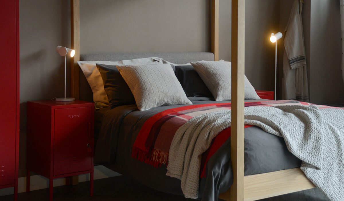 bedside metal locker in lipstick red