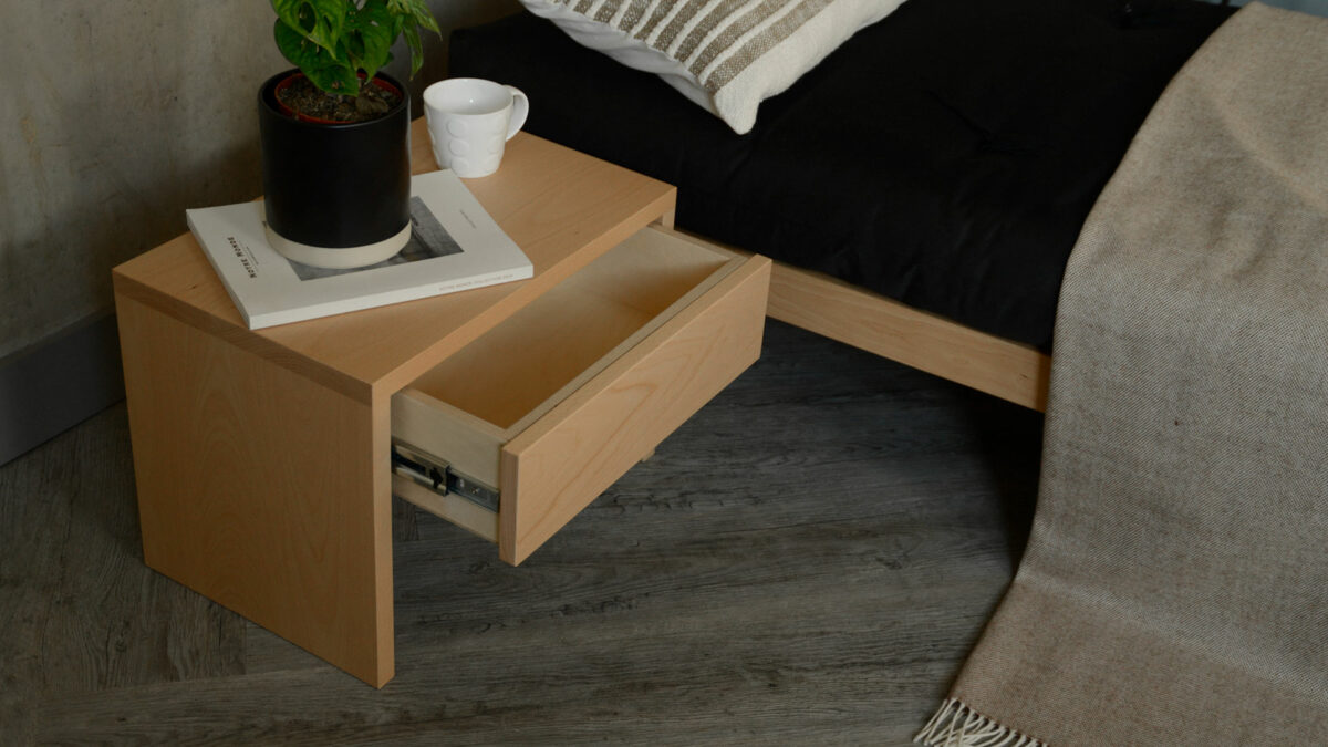 beech kyoto drawer table open side view with kyoto