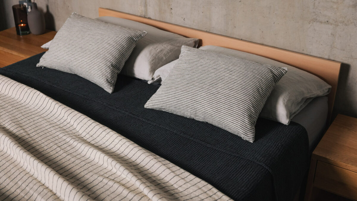 A beech wood Kyoto Japanese style bed with headboard shown from above