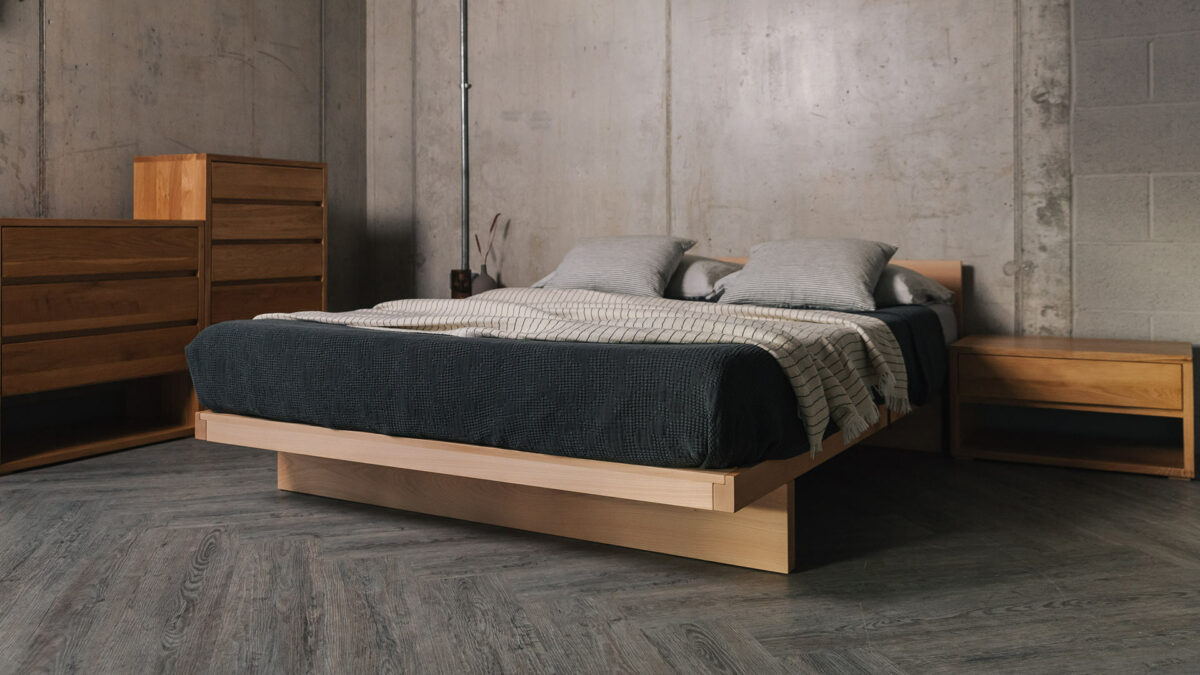 A beech wood Kyoto Japanese style bed shown with Oak bedroom storage chests