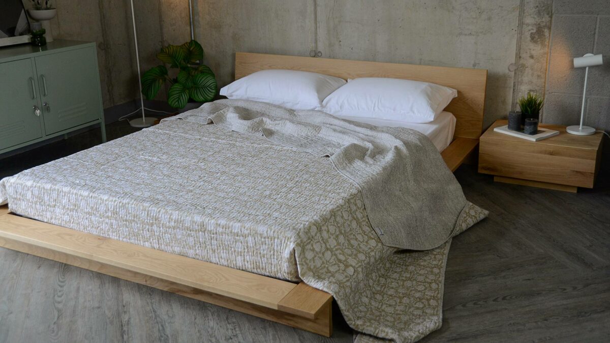 beige floral hand printed bedspread on oak oregon relaxed look