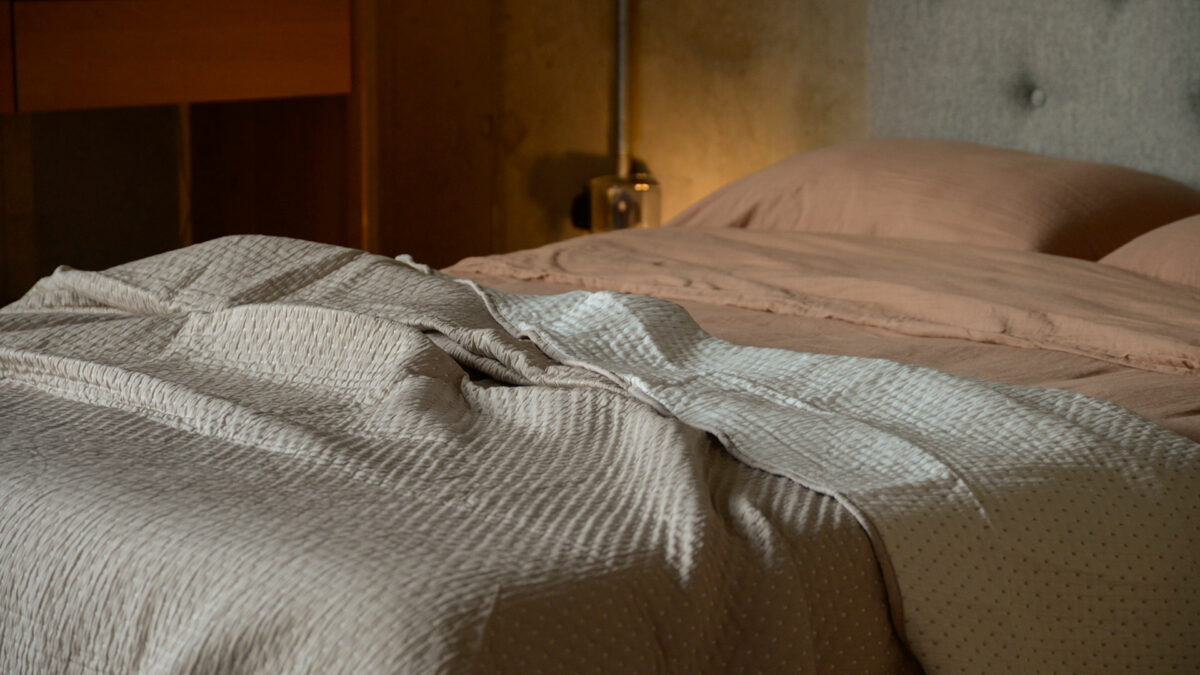 beige spot bedspread