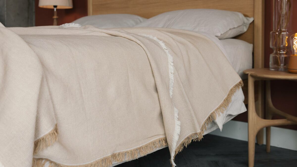beige waffle look bedspread organic cotton linen blend