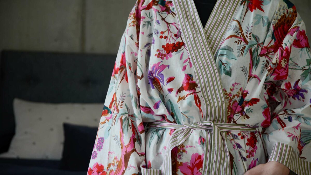 chinoiserie print light cotton robe in pink and ivory with striped edging