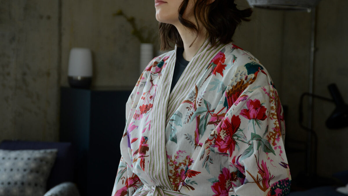 a closer view of our ivory and deep pink Birds and flowers print light cotton robe