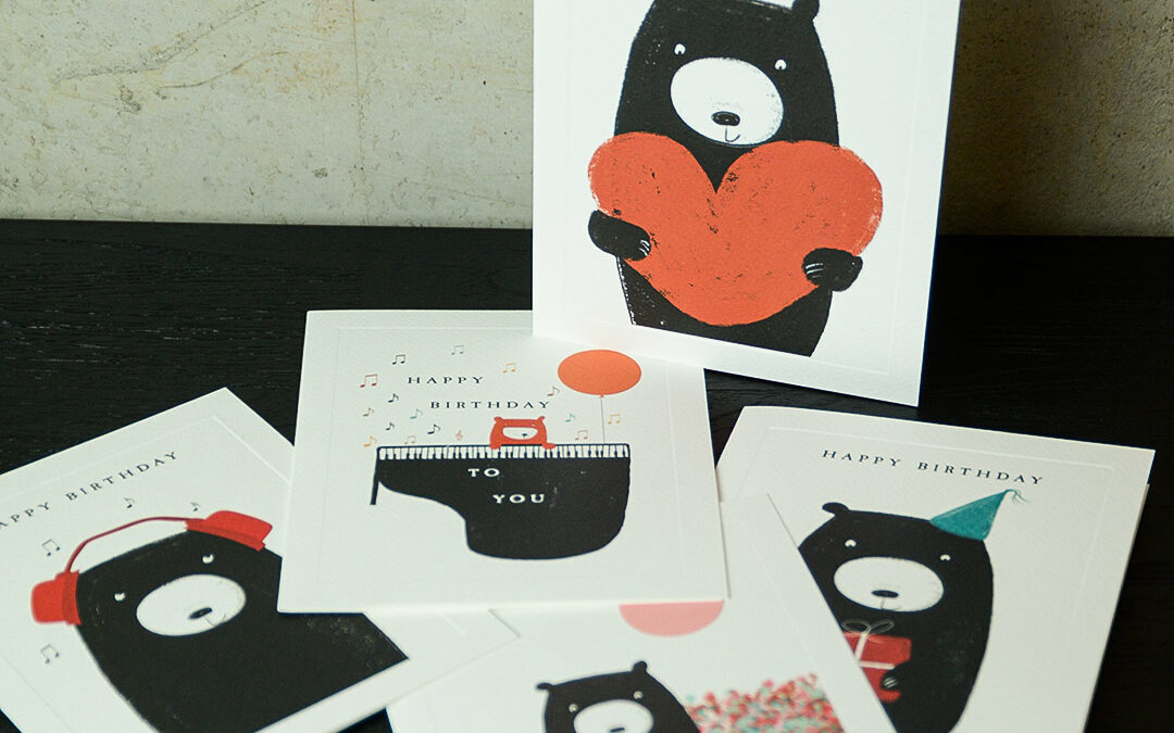 set of greetings cards with a bear print