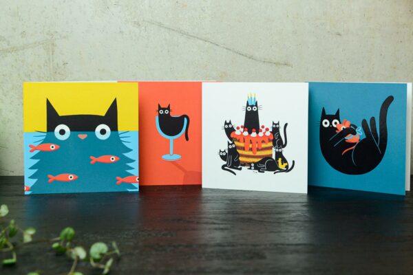 modern and bright cat print greetings cards