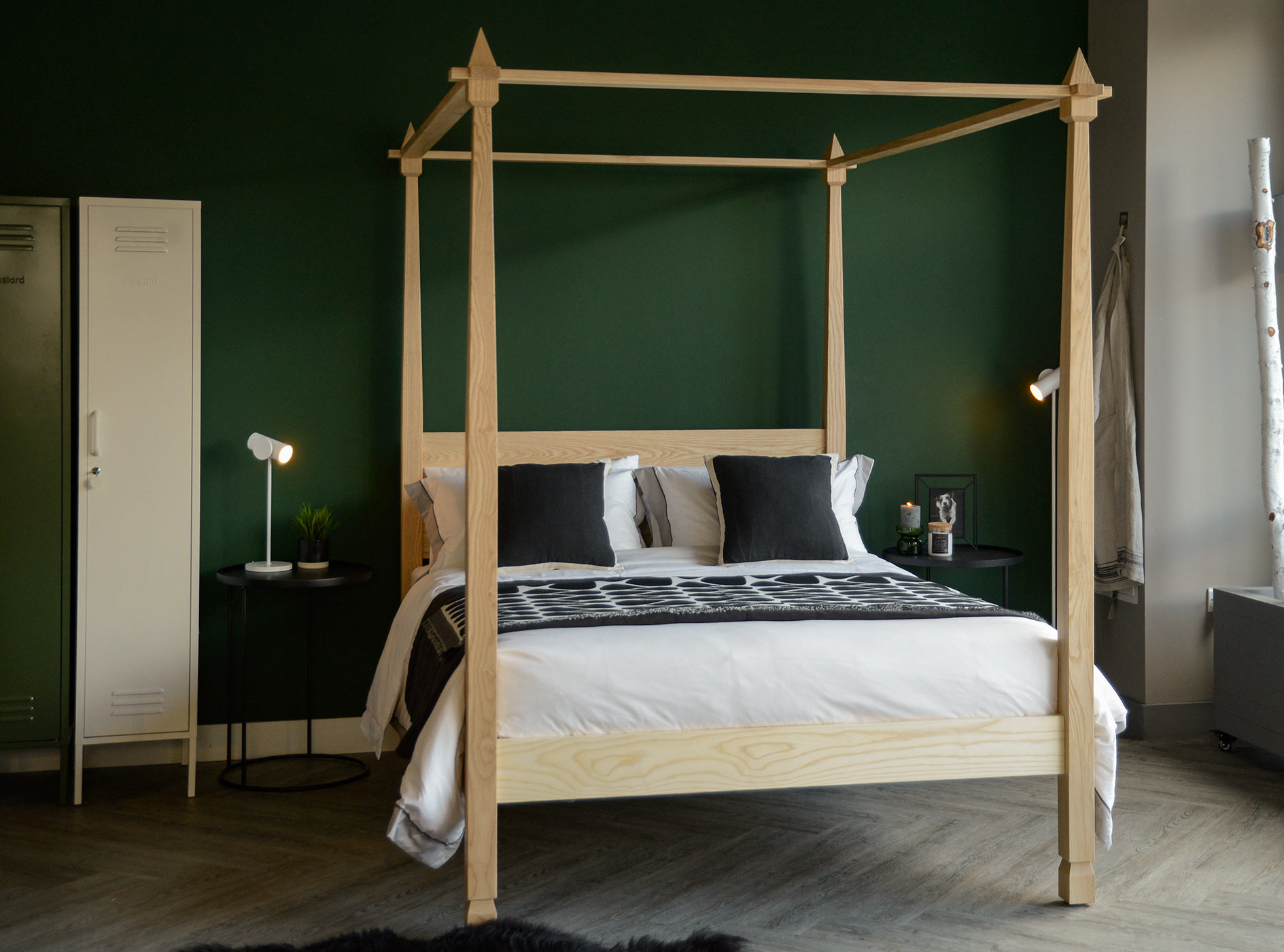 Contemporary Indian style bedroom featuring our Rajasthan 4 Poster bed in Ash wood