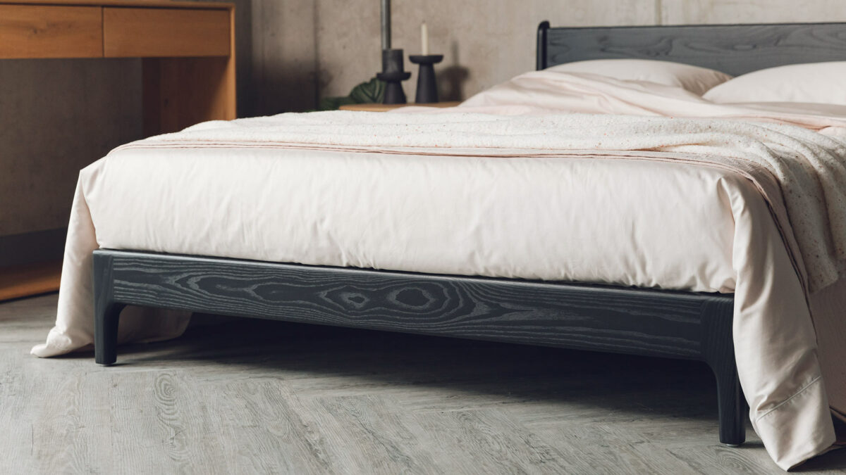 black ash Pimlico bed with shell colour sateen bedding