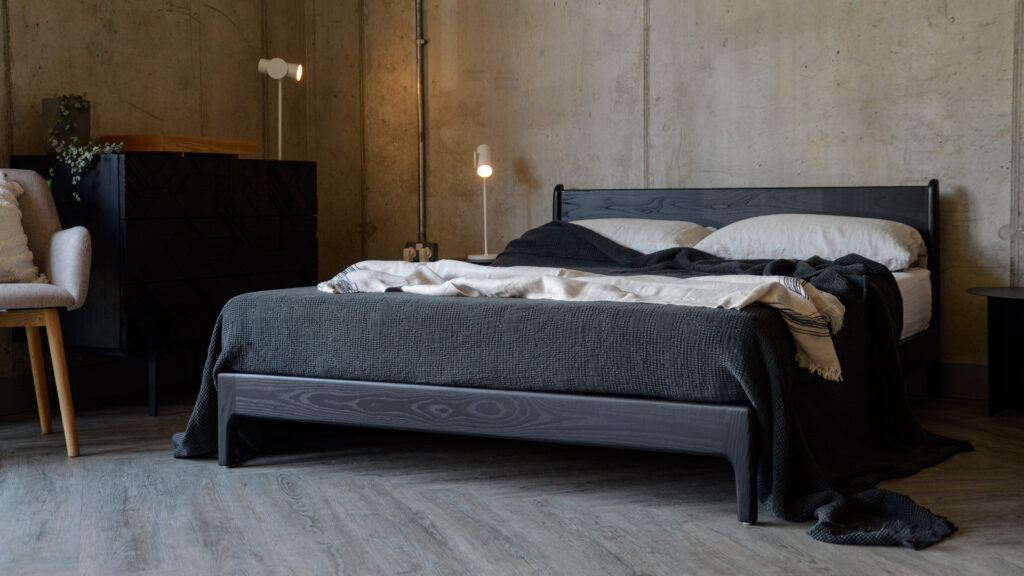 black ash pimlico bed with black and ecru bedding 23