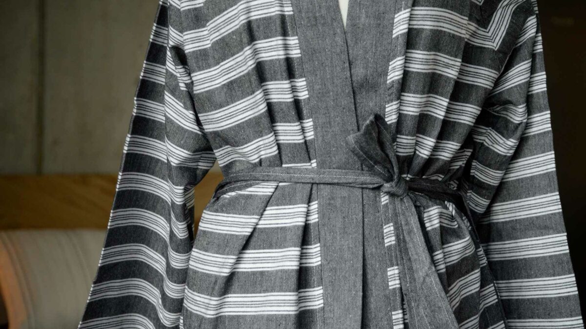 black chambray cotton robe with white stripes tie belt