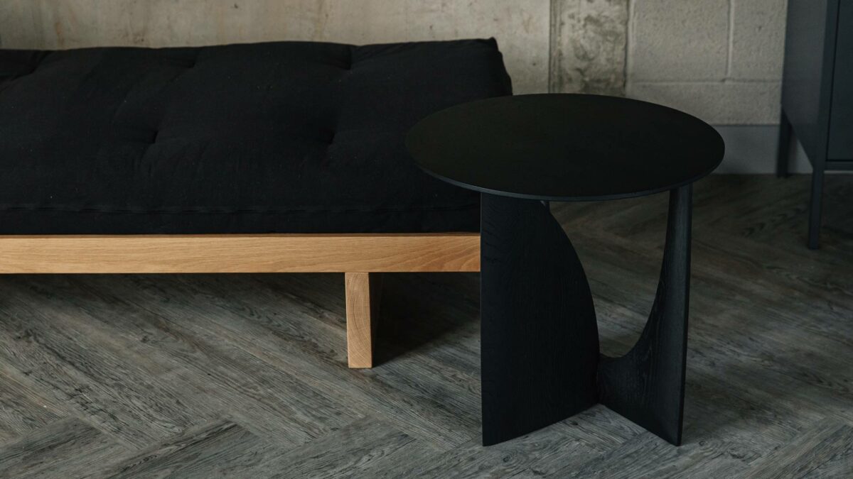 black lacquer oak geometric side table