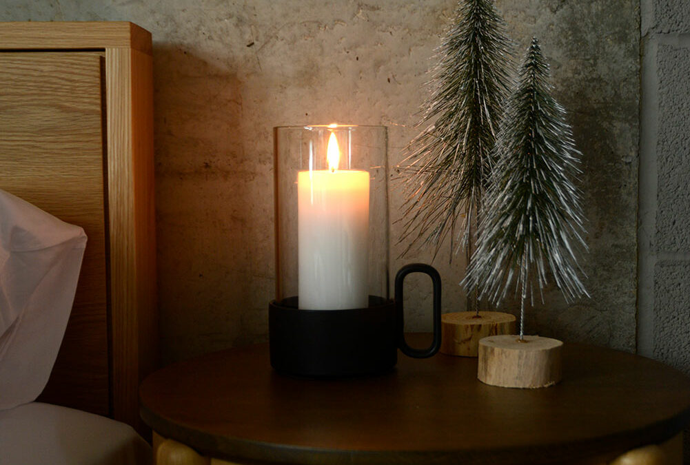 black lantern with xmas trees portrait