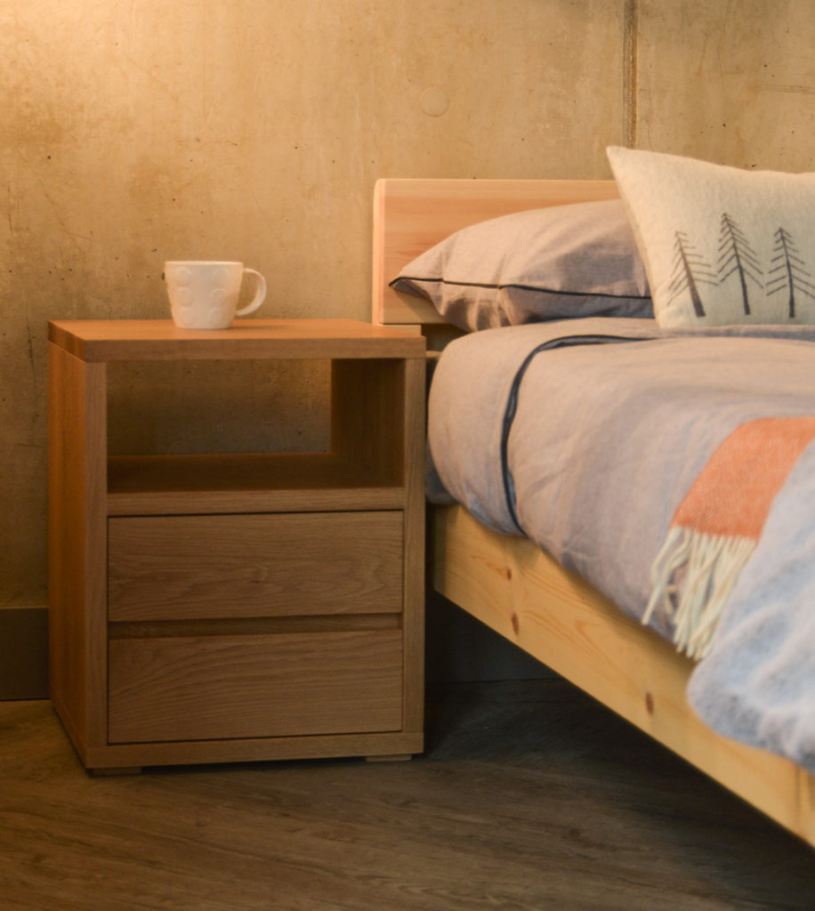 Cube 2 drawer bedside table with shelf and in Oak