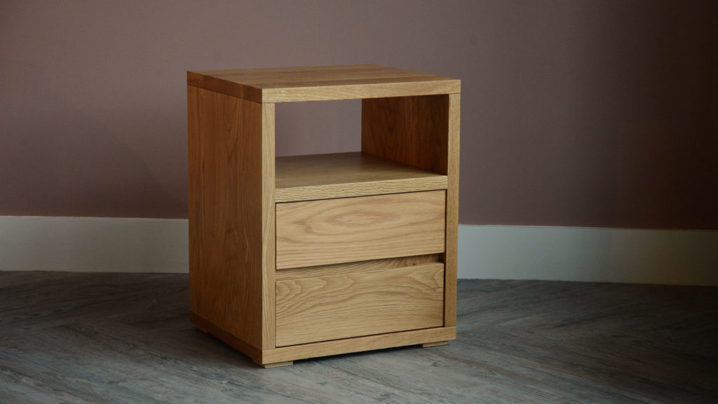 oak bedside table with 2 drawers and an open shelf