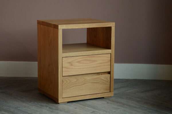 oak bedside table with 2 drawers and an open shelf