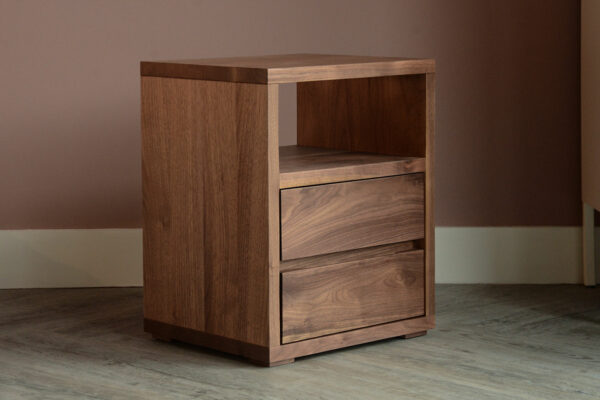 walnut wood bedside table with 2 drawers and an open shelf