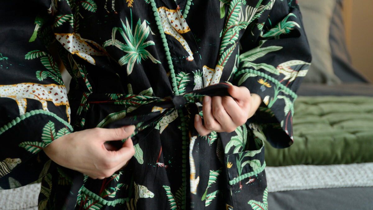 black safari pattern robe detail