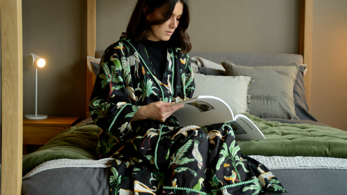 black safari print robe with pj bottoms