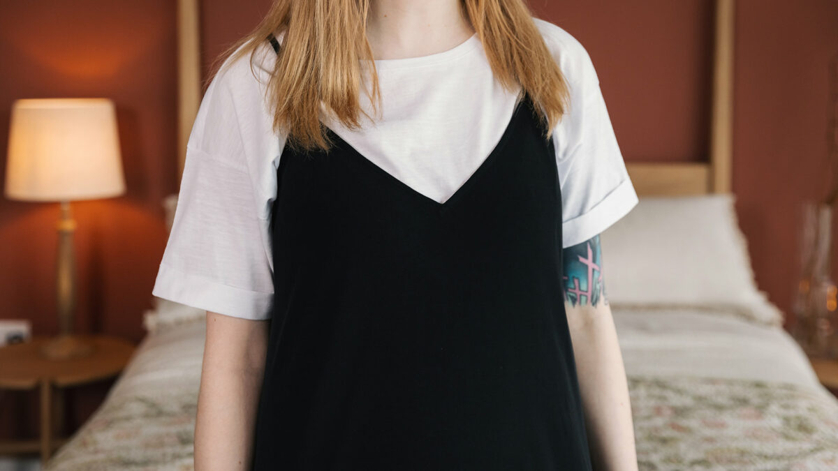 black slip dress V neck