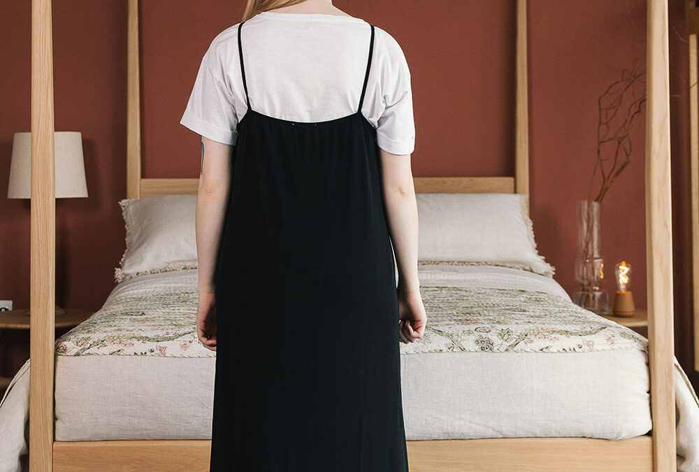 black slip dress portrait