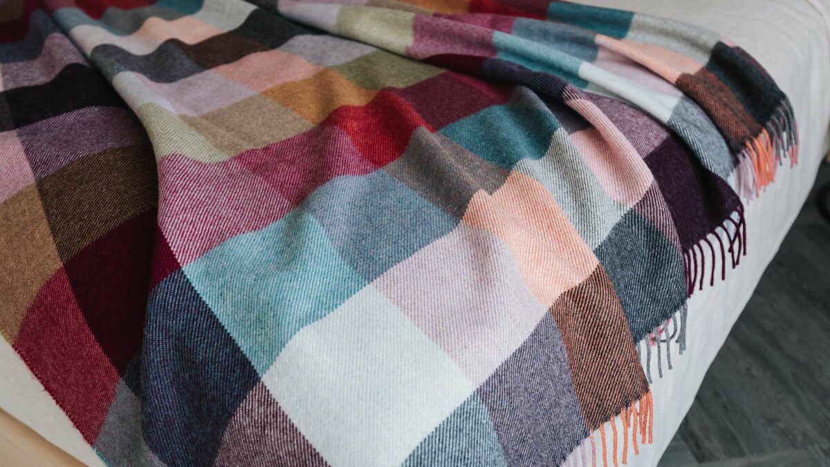 block pattern throw in blues and reds