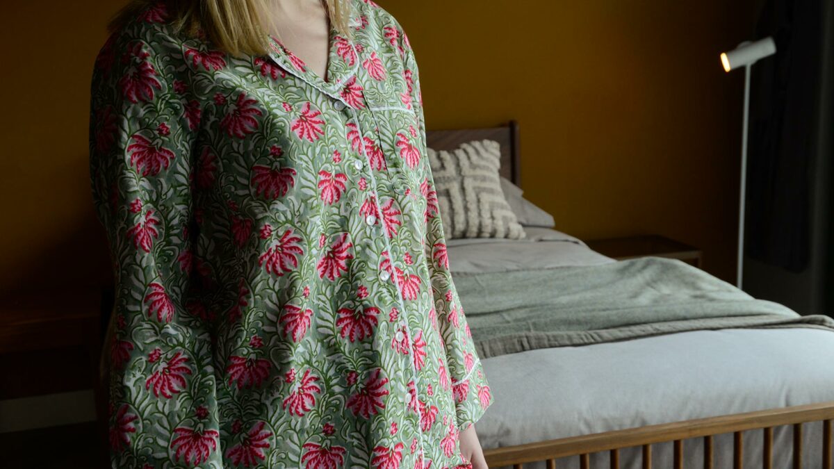 lightweight cotton pyjamas with a vibrant pink and green block print design